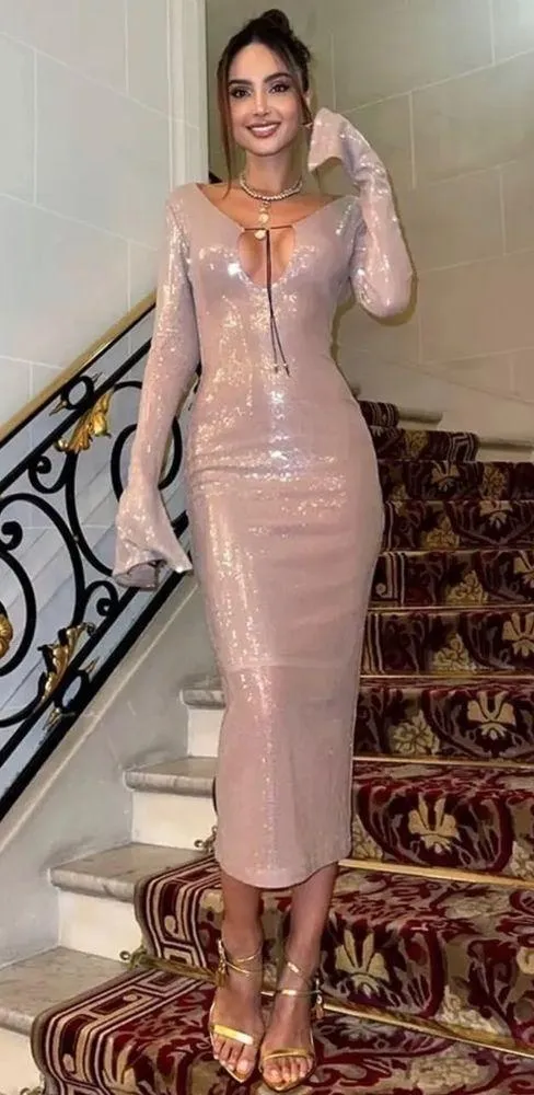 NEW Alix Earle Gold Sequin Open Back Cocktail Midi Dress - Image 4