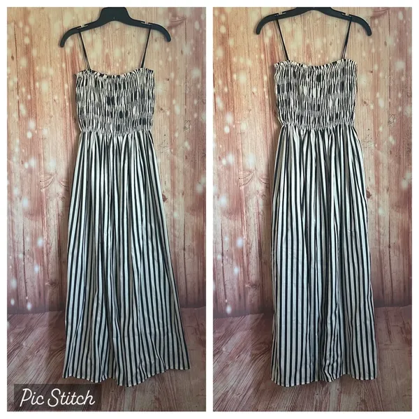Commense Black Sleeveless White Pinstripe Long Dress - Image 3