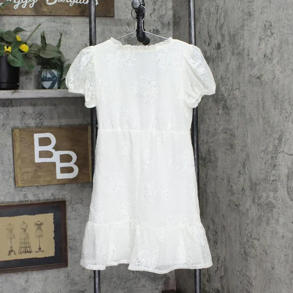 NWT Speechless Lace Ruffled Lined Pullover Pouf Sleeve V Neck Dress S Off White - Image 5