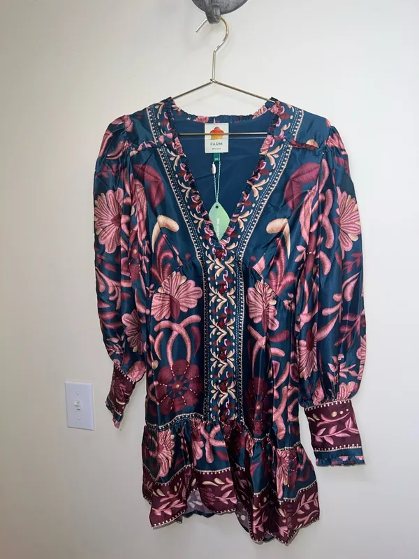 Farm Rio‎ Seashell Tapestry Teal Mini Dress NWT XXS Boho - Image 4