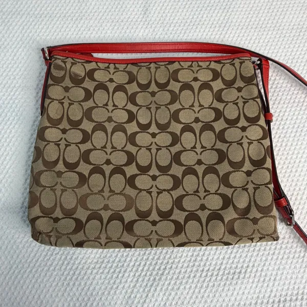 Coach Signature File Bag Khaki Brown Red Leather Trim Crossbody F29960 - Image 5