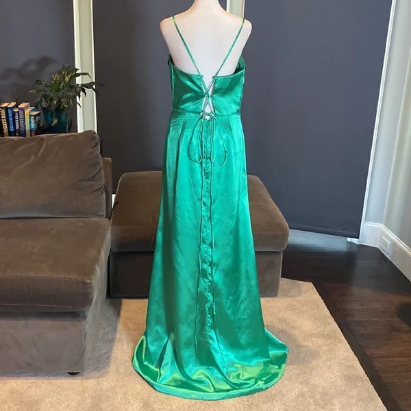 Women’s Green Full Length Prom Dress Criss Cross Straps Leg Slit Size 10 *READ - Image 4