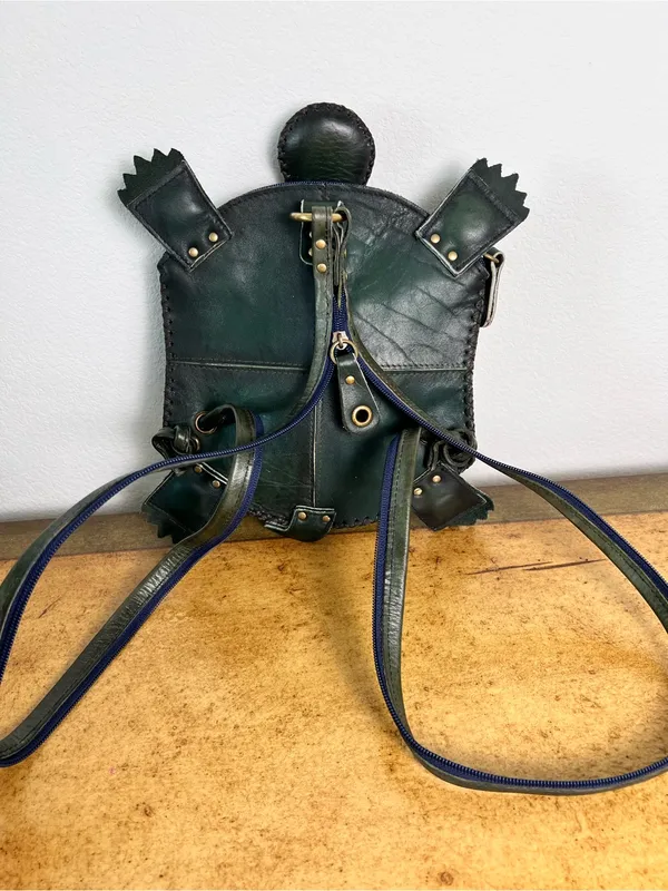 Handmade‎ Green Turtle Leather Backpack Shoulder Bag OOAK Artisan Purse Unique - Image 3