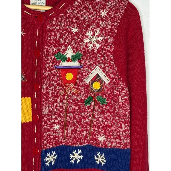 Vintage White Stag Christmas Cardigan Sweater Small‎ Red Holiday Snowman Tree - Image 5