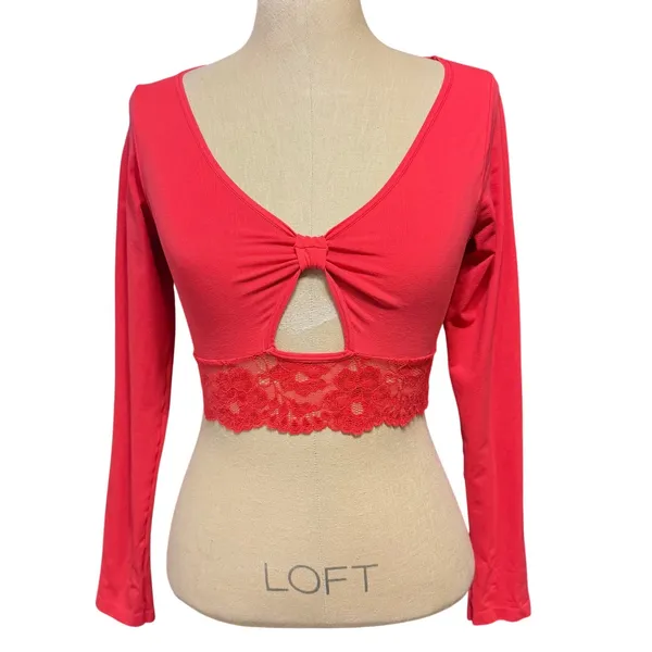Anthropologie S/M Lace-Trim Cutout Long-Sleeve Crop Top Red Coquette Ballet Sexy - Image 2