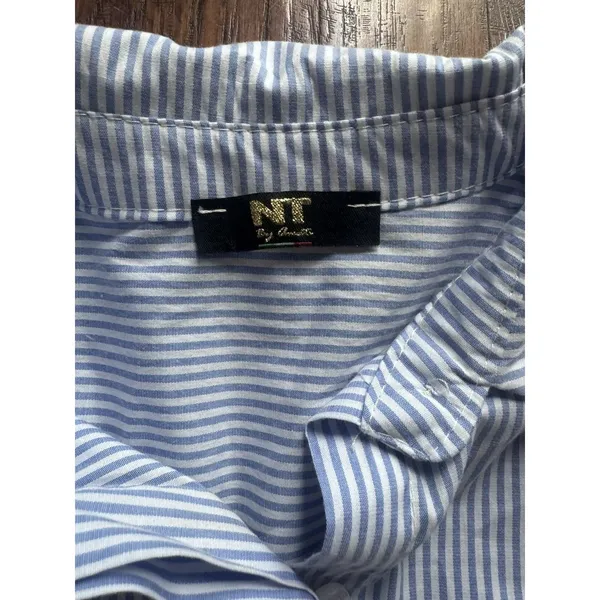 Womens Blue White Striped Button Down Blouse Lace Back Pocket Size XL - Image 5