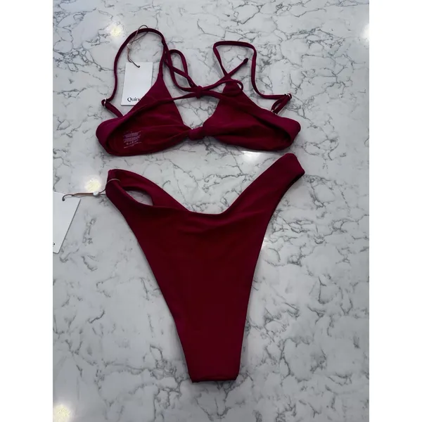NWT Quince Cherry Red Knot Tie Bikini Top & High Leg Dipped Bottom Set Small - Image 2