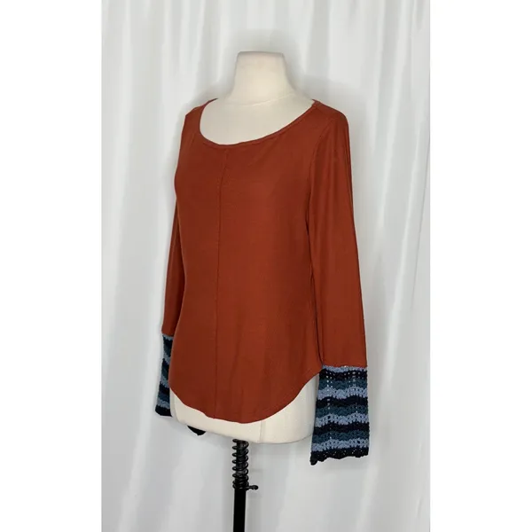 Anthropologie PILCRO Crochet Cuffed Thermal Top Cedar Pullover Stripes Small - Image 6