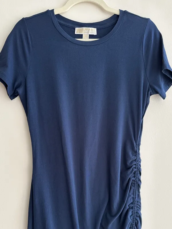 MICHAEL Michael Kors Navy Blue Ruched Cinched Casual Dress, Size Medium - Image 2