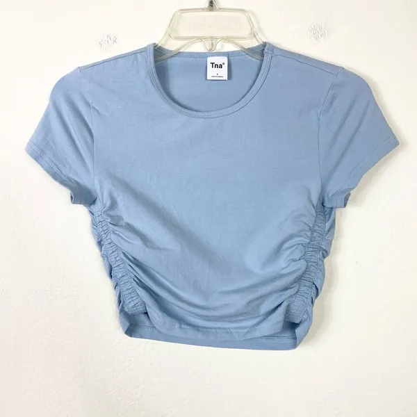 TNA Aritzia Chill Malibu Light Blue Scrunch Side Sporty Crop Top Tshirt Size S - Image 2