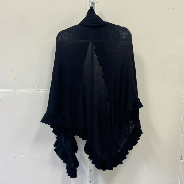 Design History Cashmere Wool Angora Blend Ruffle Trim Knit Shawl Wrap O/S Black - Image 2