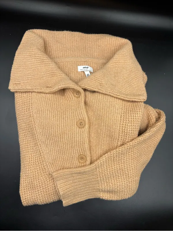 Aerie Cozy Up Waffle Knit Oversized Collar Quarter Button Tan Sweater Size L - Image 8