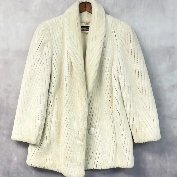 Vintage Womens Faux Fur Coat L/XL? Cream Chevron Shawl Collar Mobwife Glam USA - Image 11