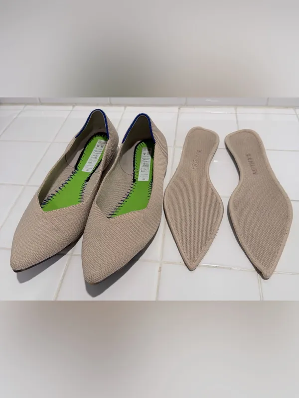 Rothy's Pointed Toe Knit Flats in Light Beige with Blue Trim - Image 5