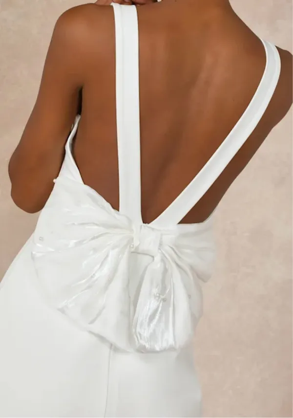 Lulus Dress White Maxi backless pearl bow - Image 3