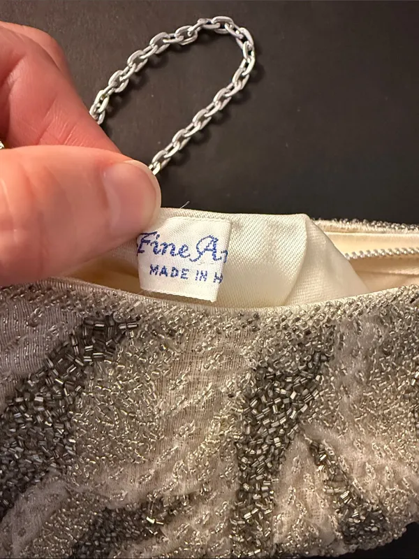 Vintage Fine Arts Bag Silver & Cream Beaded Evening Bag With Silver Chain Strap - Image 7