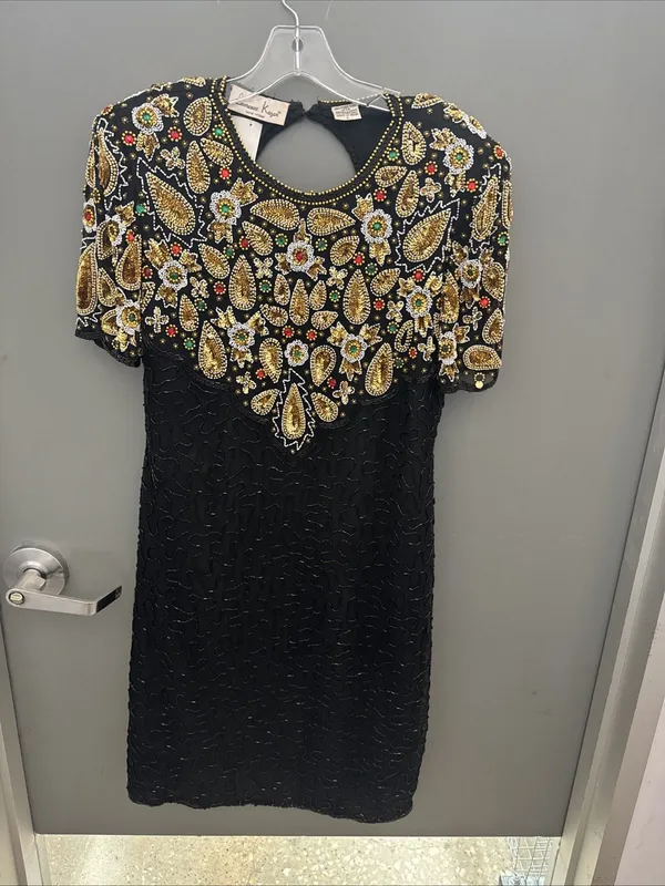 1980s Laurence Kazar NY Beaded Multicolor Bodice Dress Size L VTG 100 Silk 3989 - Image 2