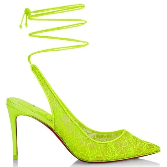 Christian Louboutin Kate 85mm Lace Wraparound Neon Fluo Yellow Pumps EU 38 - Image 2