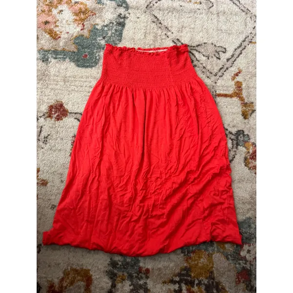 Red Smocked Tube Dress Strapless Midi Rayon Blend Summer Sun Dress - Image 4