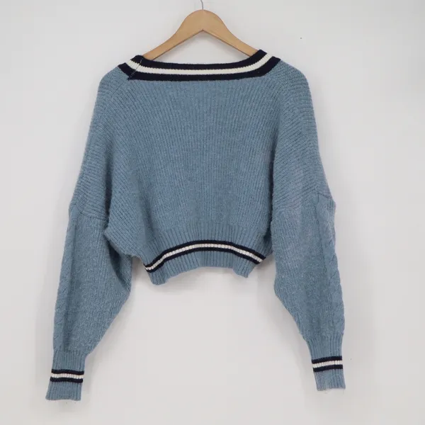 Womens Light Blue Cropped Varsity Cardigan Sweater Striped Trim V-Neck - Image 2