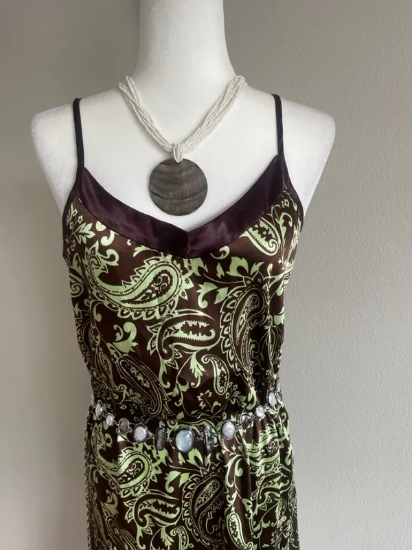 Brown & Light Green Paisley Slip Dress Size M - Image 3