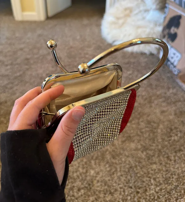 RHINESTONE CLUTCH HANDBAG WITH CIRCLE HANDLE Red - Image 3