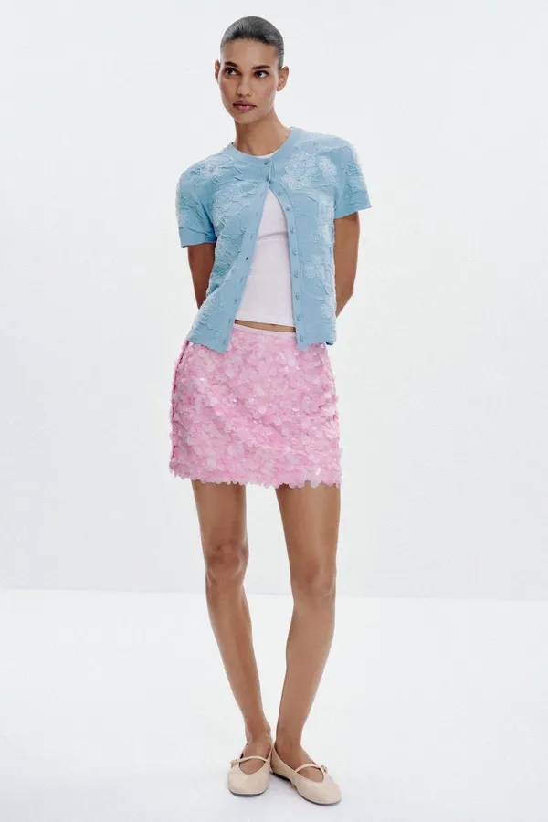 Zara pink Floral Sequin Mini Skirt - Image 5