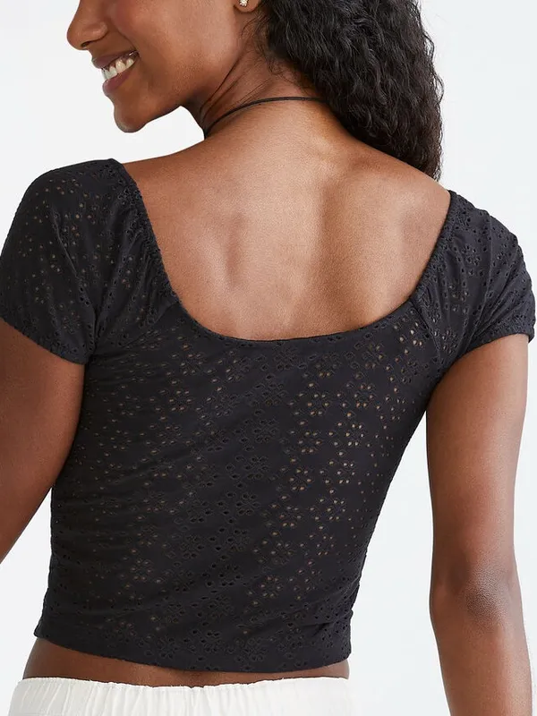 Aeropostale Eyelet Ruched Lace-Trim Crop Top | Size: Small - Image 2