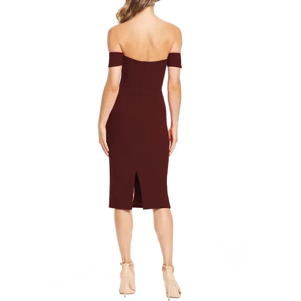 Dress the Population NWT Bailey Off-the-Shoulder Midi‎ Dress Burgundy Size Large - Image 2