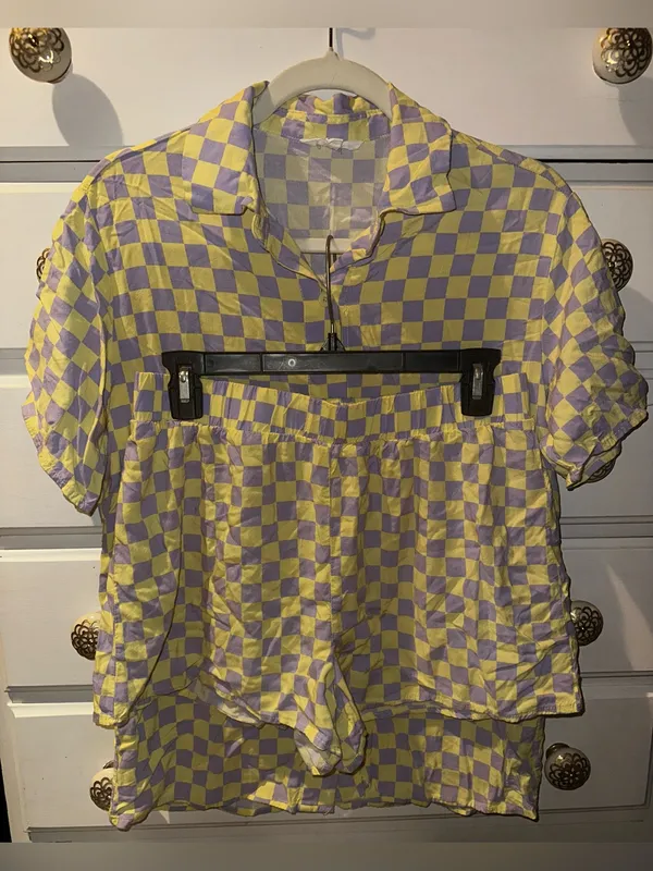 Ascot & Hart Yellow & Lavender Check Button Down + Shorts Lounge Set - Image 2