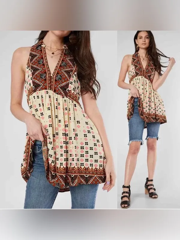 Free People Cream & Rust Patterned V-Neck Halter Tunic - Image 2