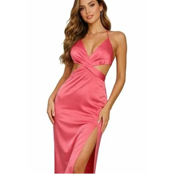 Zara Satin Sleeveless V-Neck Slip Midi Dress with Waist Cutout Pink Medium - Image 2