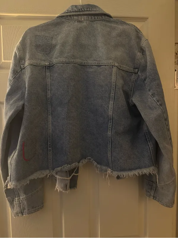 Free People Washed Light Blue Denim Jacket with Frayed Hem - Image 7