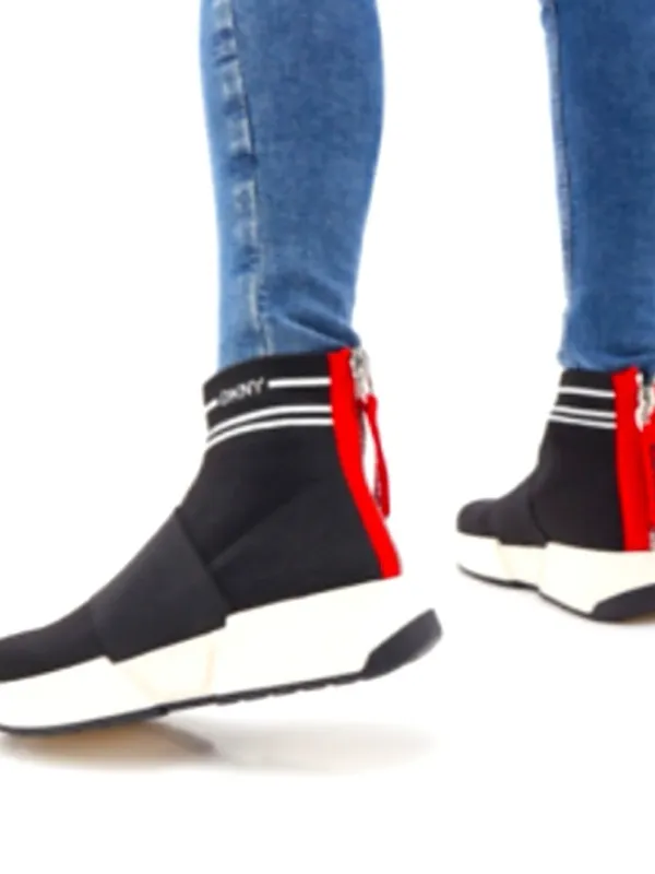 DKNY women Black Knit High-Top Sneakers with Red Heel Zip platform sneakers US 9 - Image 5