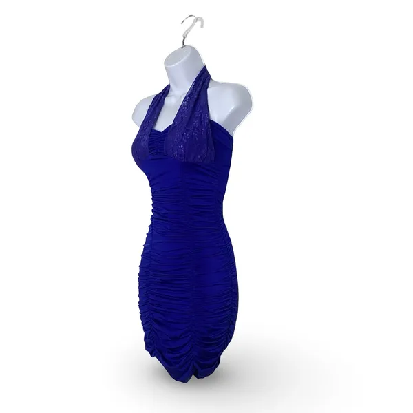 Solid Ruched Halter Bodycon Dress Blue Size XS - Image 3
