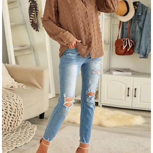 Elegant Brown Button Down Shirt for Women oversized Med - Image 5