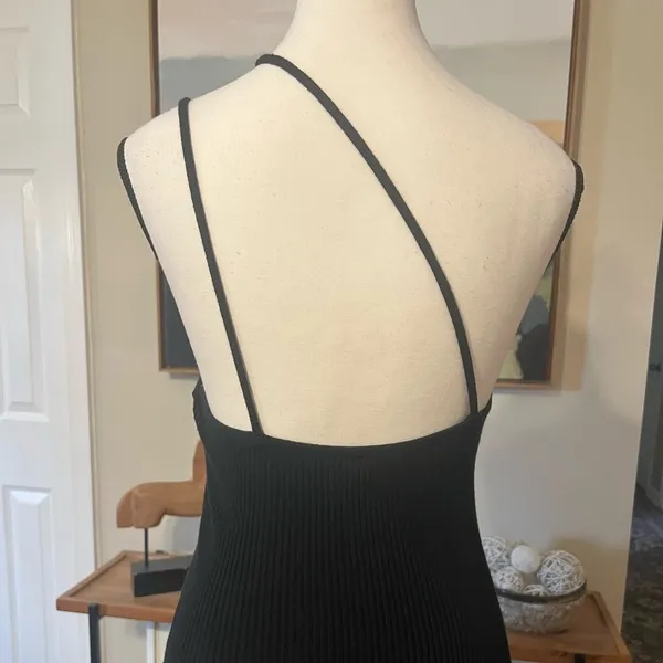 Abercrombie & Fitch Black Ribbed Asymmetrical Strappy Maxi Dress Small Tall - Image 4