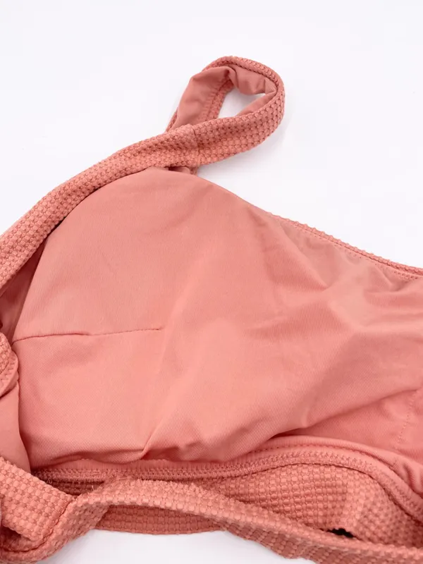 Aerie Scoop Neck High Cut Cheeky Bikini Set Size XL Salmon Pink Textured Knit - Image 4