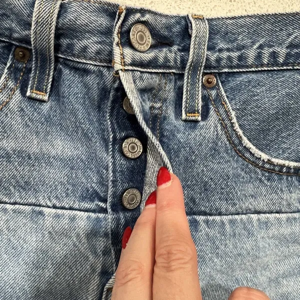 Levis Size 27 501 150 Pieced Shorts Original High Rise Denim Distressed Blue - Image 8