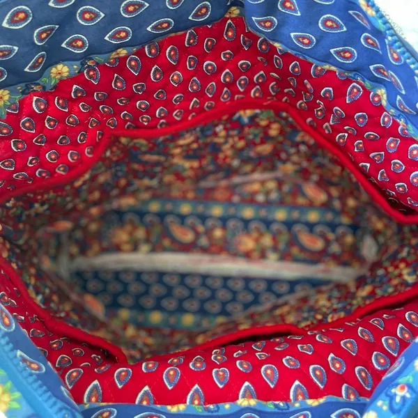 Vintage Handmade Quilted Red Blue Paisley Floral Padded Tote Shoulder Bag - Image 5