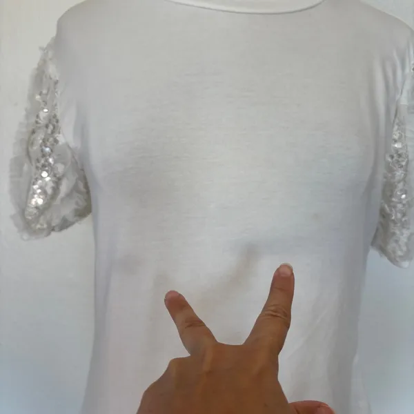 Ontwelfth Solid White Ruffle Sequin Short Sleeve Top - Image 2