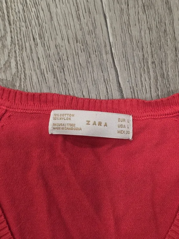 Zara Women Red V-Neck Long-Sleeve Knit Sweater Lightweight Cotton Blend Sz Large - Image 3