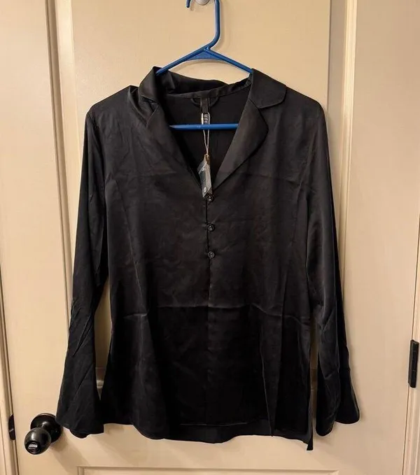 Skims Open Neck Stretch Silk Pajama Top Size XS Soot - Image 4