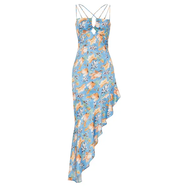 Nookie Simone Blue Floral Satin Asymmetrical Ruffled Cut Out Cocktail Dress L - Image 5