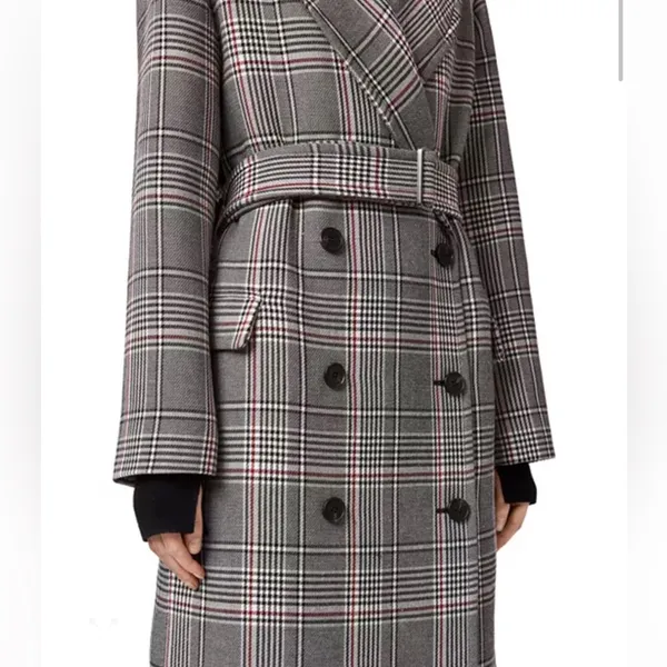 All Saints Tyla Check Plaid Wool Blend Belted Long Trench Coat - Image 5