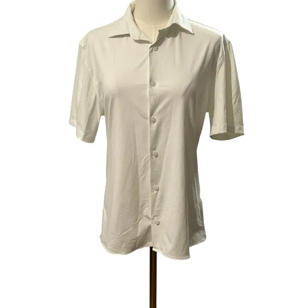 Zara white stretchy button up blouse short sleeve business casual small classic - Image 2