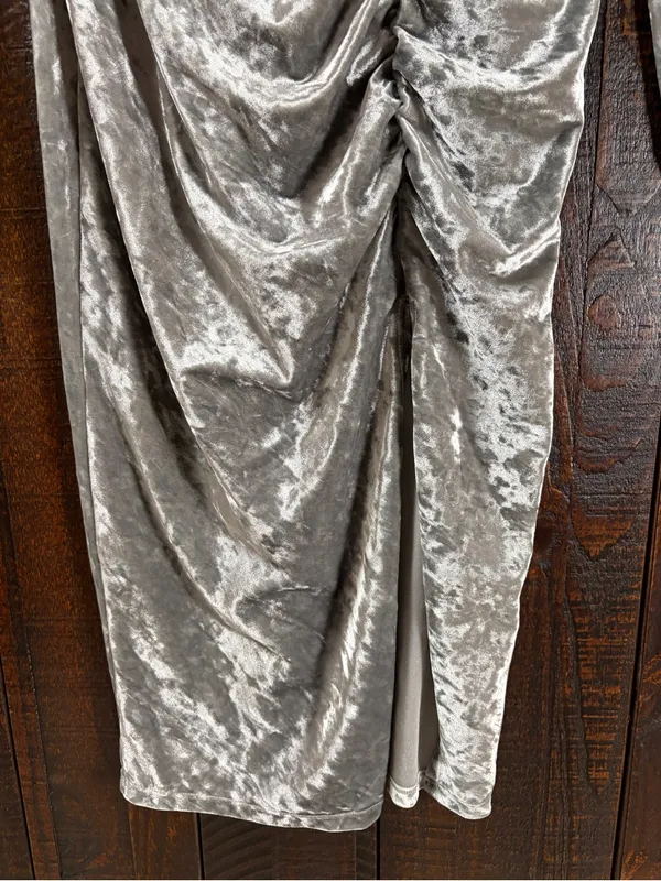 Future Collective Silver Ruched Velvet Long Sleeve Midi Dress - Image 3