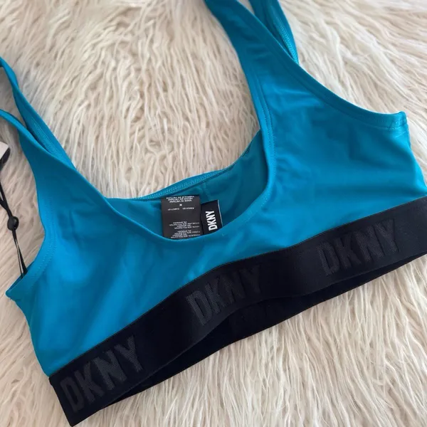 DKNY Scoop Neck Logo Bikini Swim Top Blue Size Medium - Image 5