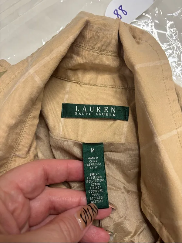 Ralph Lauren LRL Tan Windowpane Plaid Trench Coat Size Medium 100% Cotton - Image 4