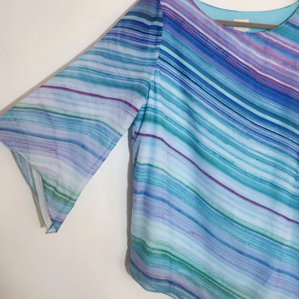 Chico's Colorful Stripe Asymmetrical Hem Tunic Blouse Size 1 (Medium) - Image 6